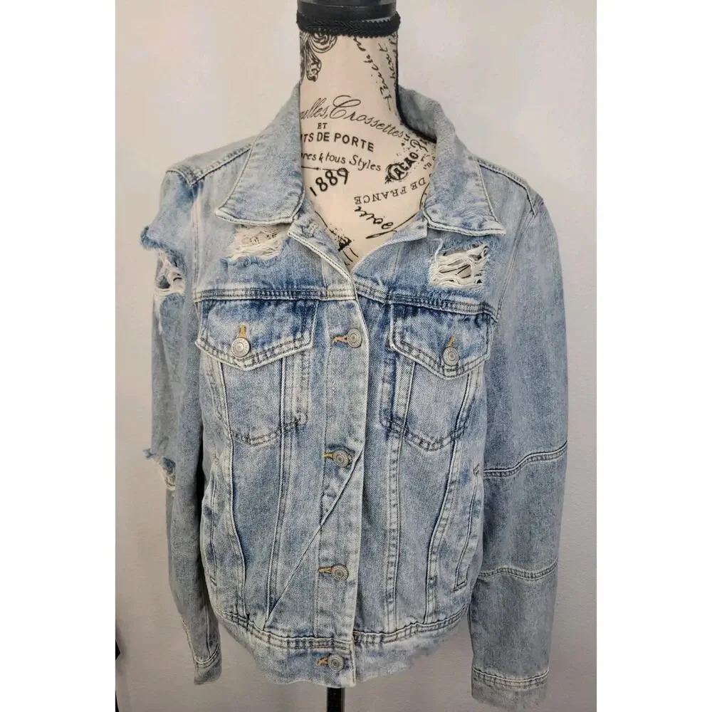 FREE PEOPLE Denim Tracker Jacket Sz Medium Distressed Destroy Gorpcore Boho - Picture 2 of 10